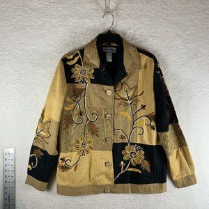 Indigo Moon Jacket Women's XS Yellow Floral Cotton Embroidered Button Front 7626